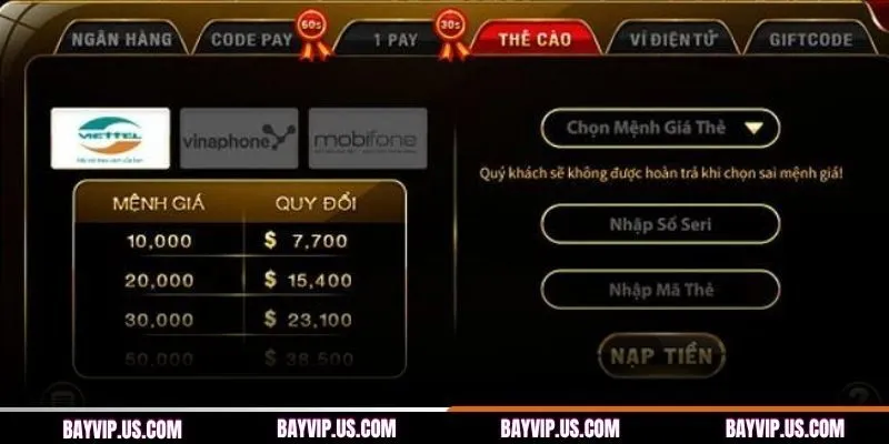 Tổng hợp các hình thức nạp tiền tại BAYVIP